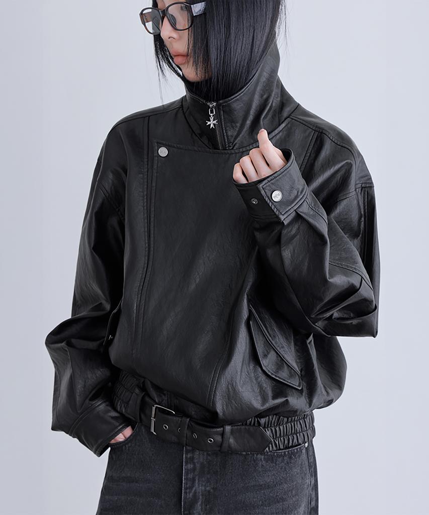 Londonda Belted Oversized Leather Jacket, Black