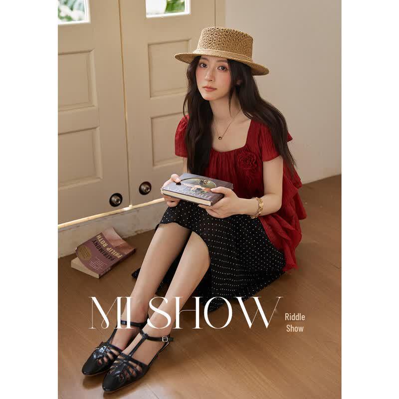 Women s Retro Square Collar Ruffle Top with 3D Rose M
