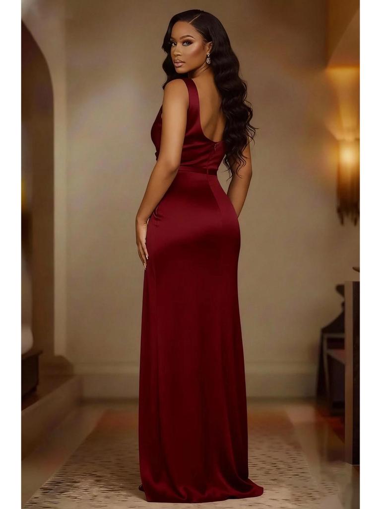 Elegancka Suknia Wieczorowa Bez Rękawów z Rozcięciem na Dole, Modelująca Sylwetkę