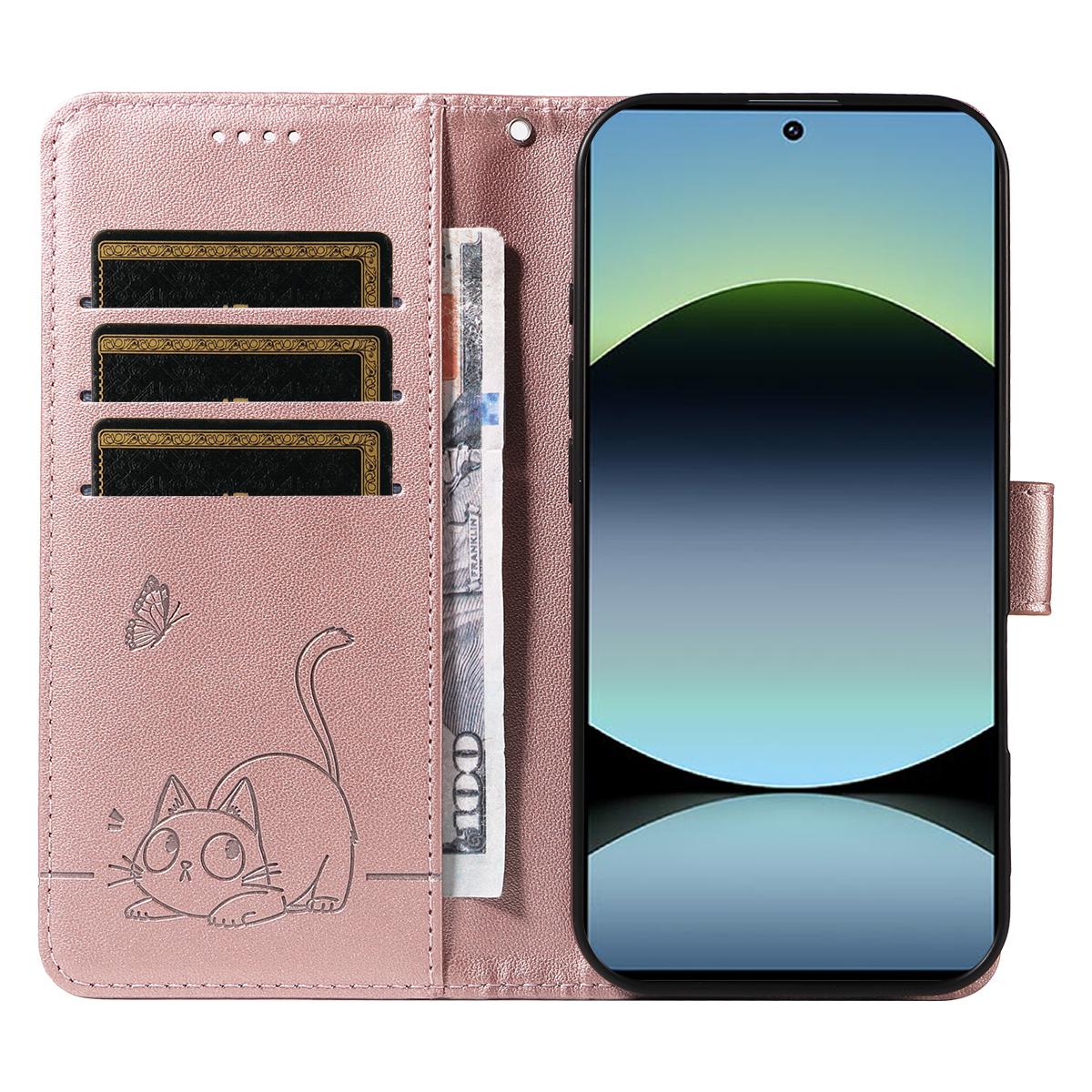 

For Xiaomi Poco M6 Pro 4G/Xiaomi Redmi Note 14S 4G/Xiaomi Redmi Note 13 Pro 4G Case Cat Pattern Imprint Leather Phone Cover with Wrist Strap Green