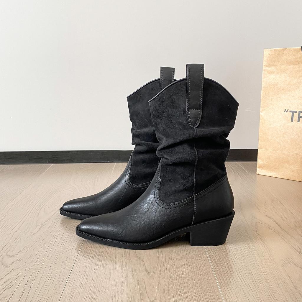 Maillard Knight Pile Pointed Boots Children 2025 Autumn and Winter New Coarse Heel Short Boots Medium Tube Retro Western Cowboy