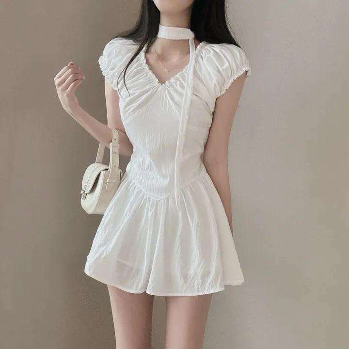 Summer 2026 Korean Chic V-neck Waist-cinching Halter Dress for Women One Size белый