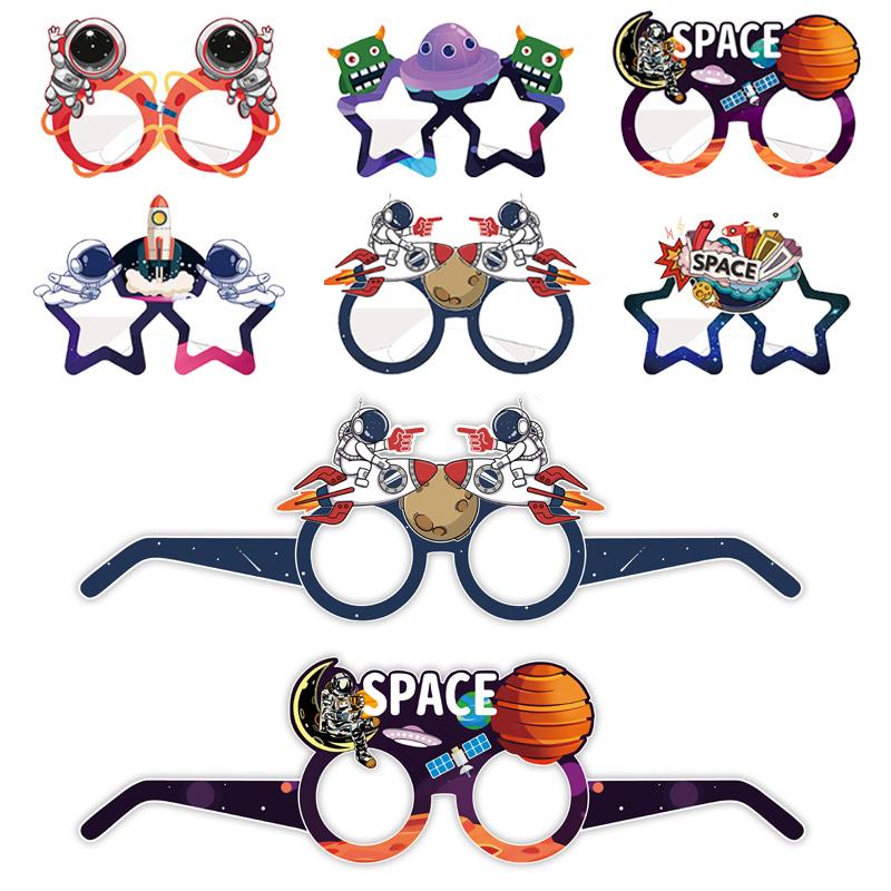 12 sztuk Wszechświat Kosmos Astronauta Rakieta Galaktyka Temat Papierowe Okulary Ramki Photo Props Chłopiec Urodziny Dekoracje Prezent