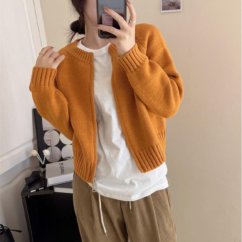 Dámský pletený svetr s kulatým výstřihem na zip Cardigan Short Coat