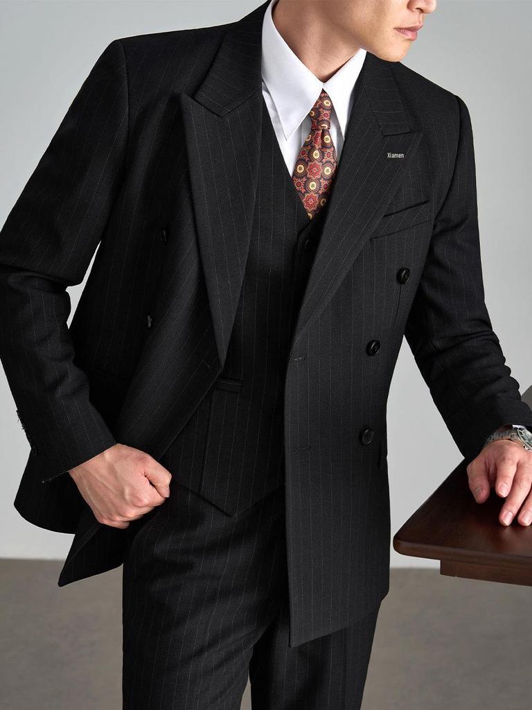 Men's Old Money Double-Breasted Striped Suit Set - Business Casual, High-End Professional Attire for Formal or Wedding Events