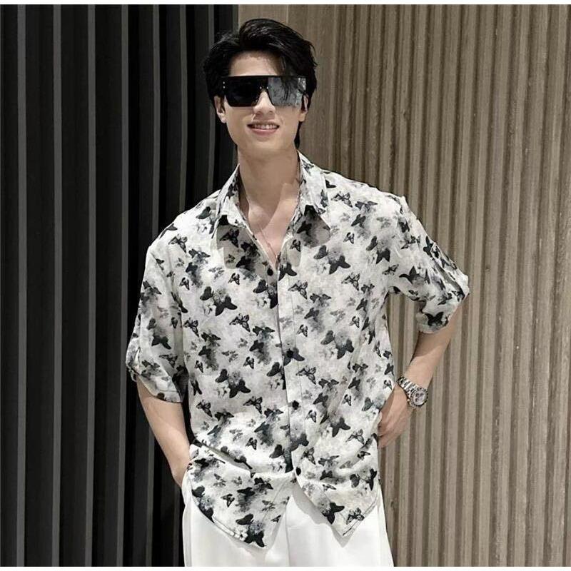 

Floral Shirt Short-sleeved Men s Summer New High-end Butterfly Print Casual Mid-sleeved Top for Men L білий