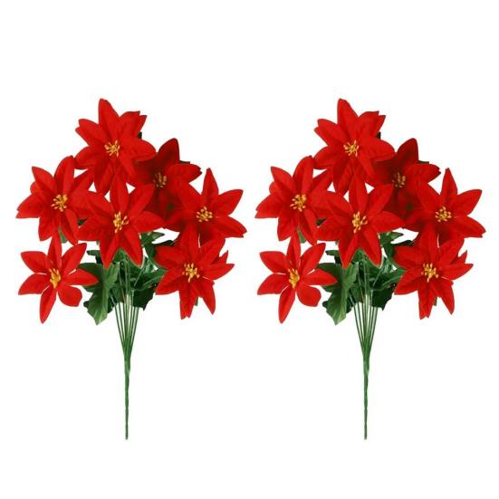 13 Inch Artificial Poinsettia Flower 5/7 Heads Red Fake Poinsettia Faux Silk Poinsettia Bouquet with Stem for New Year Floral Arrangement Home Decor