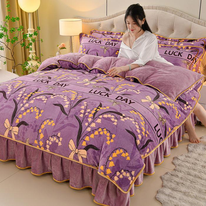 Cozy Flannel 230g Milk Velvet Printed Bed Set with Skirt - New Autumn/Winter Collection, Hot Seller