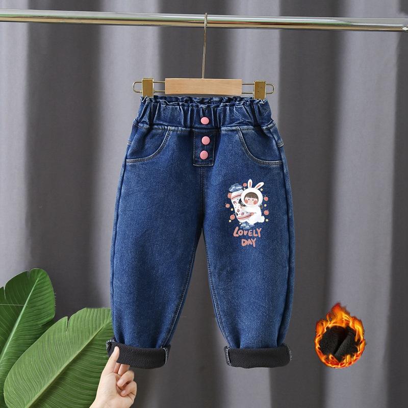 Fleece-Jeans für Mädchen im Herbst und Winter als Oberbekleidung, langohrige Kaninchen-Jeans im koreanischen Stil mit hoher Taille, trendige Hosen für Mädchen im koreanischen Stil