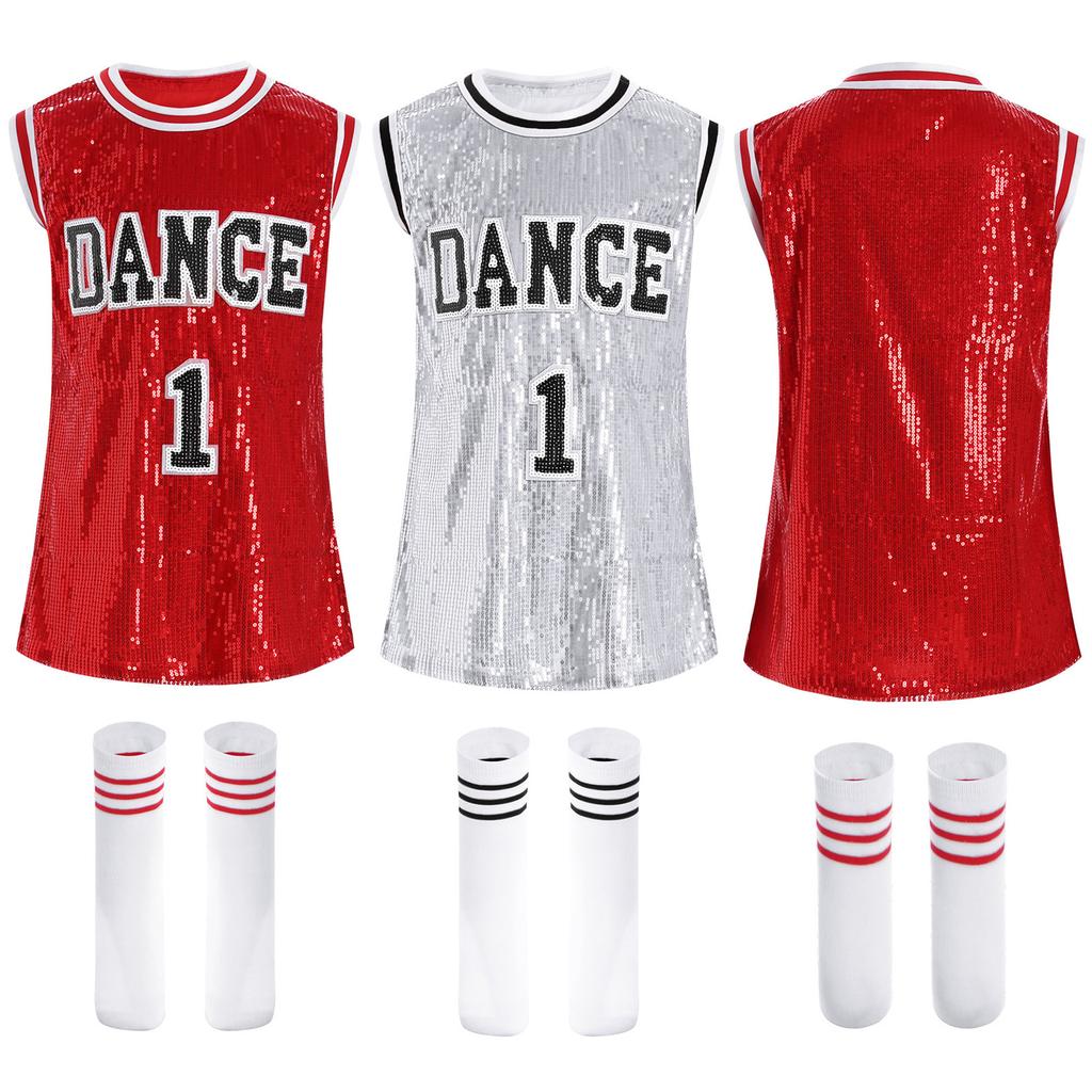 Girls Performance Costume Sleeveless Sequined Dress with Socks