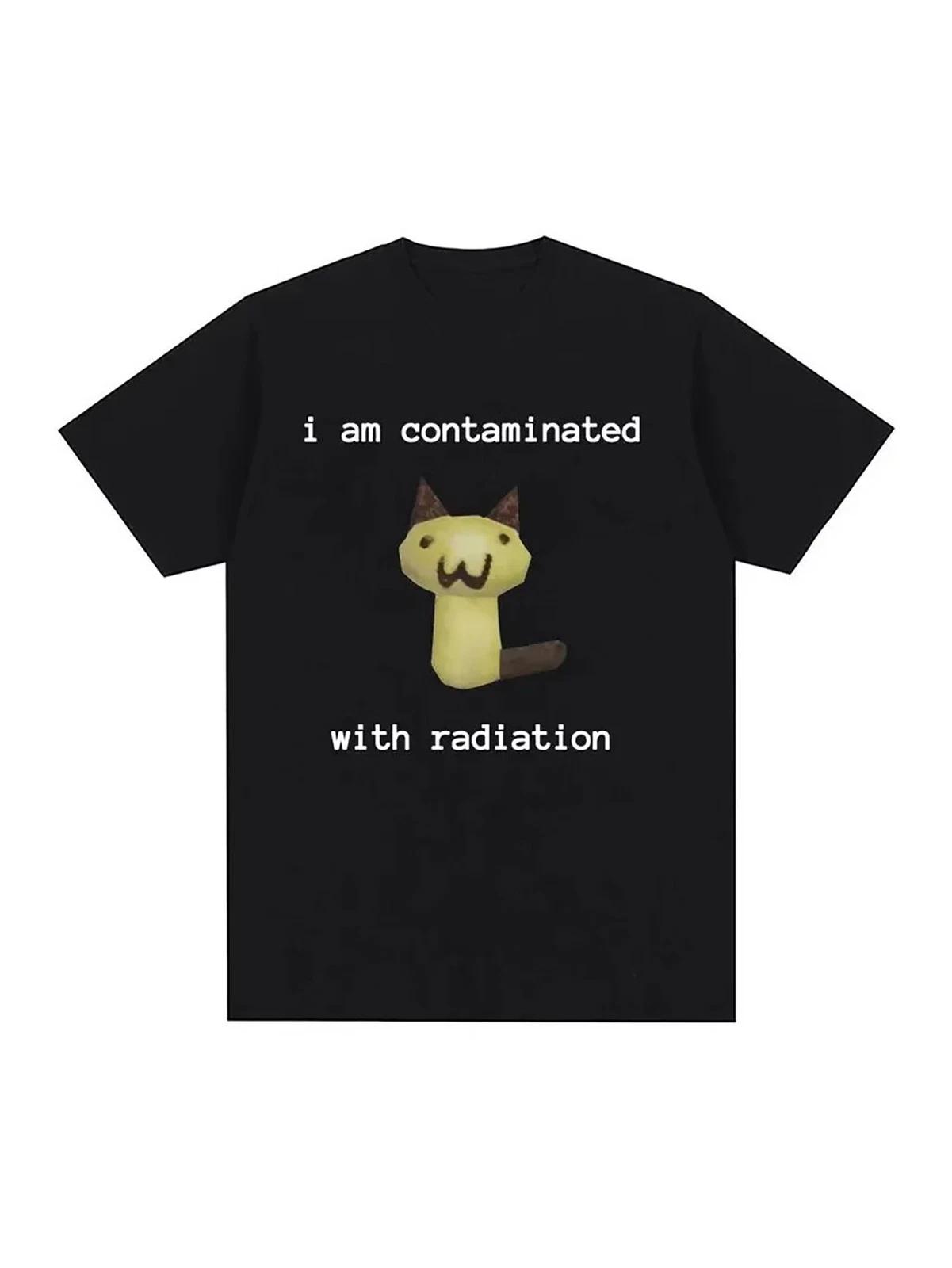 1pc Unisex Cotton T-Shirt with I Am Contaminated with Radiation Cat Meme Print XXL