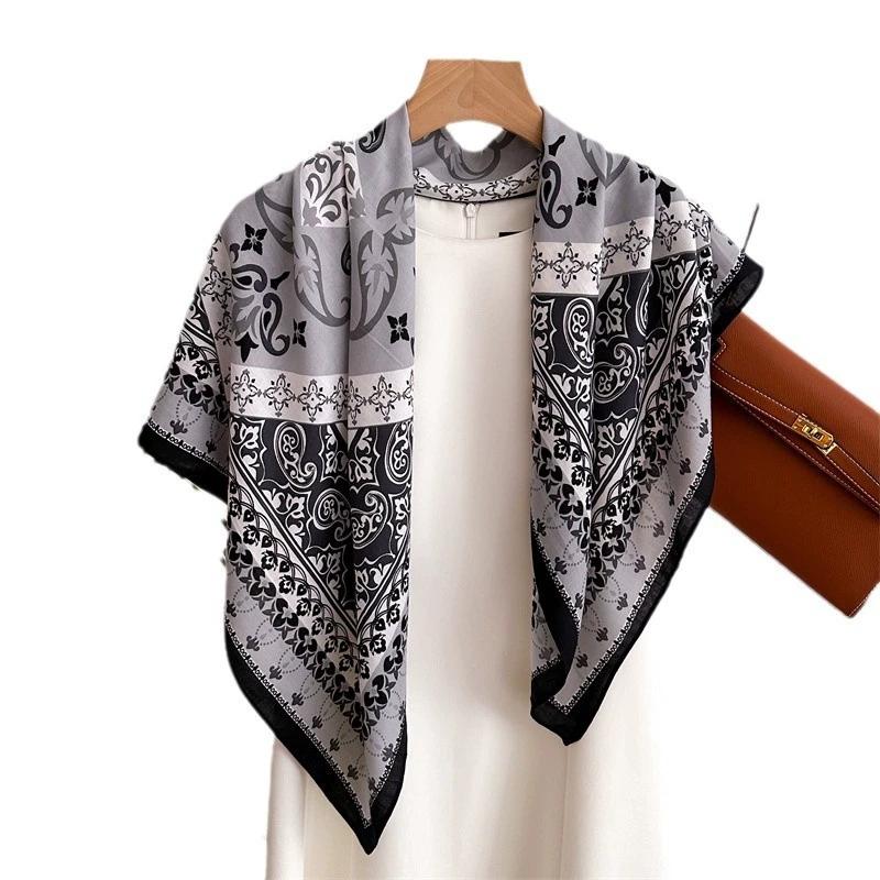 90x90cm Vintage Blue Handkerchief Scarf For Women Small Shawl Imitation Silk Office Lady Square Scarves