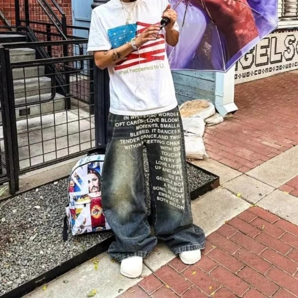 ZYLLO Vintage Letter Print Women Man Jeans Y2k Harajuku Washed Wide Leg American Style Denim Pants Baggy Hip Hop Streetwear