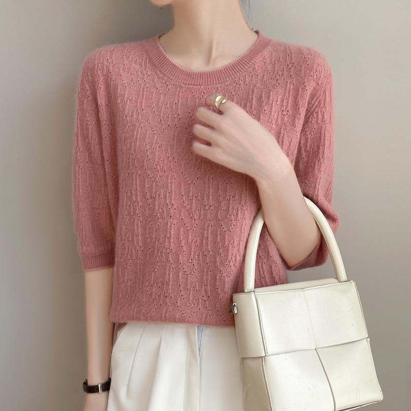 

Женская свободная вязаная ажурная рубашка-пуловер с круглым вырезом 2025 M (95-110 jin)