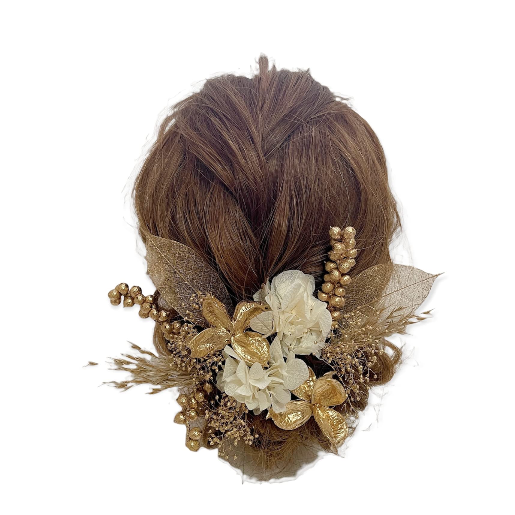 

White and Gold Dried Flower Headpiece with Perfect for and Baby s Breath, Coming-of-Age Ceremonies, Graduations, Weddings, Kimono/Hakama. золотий