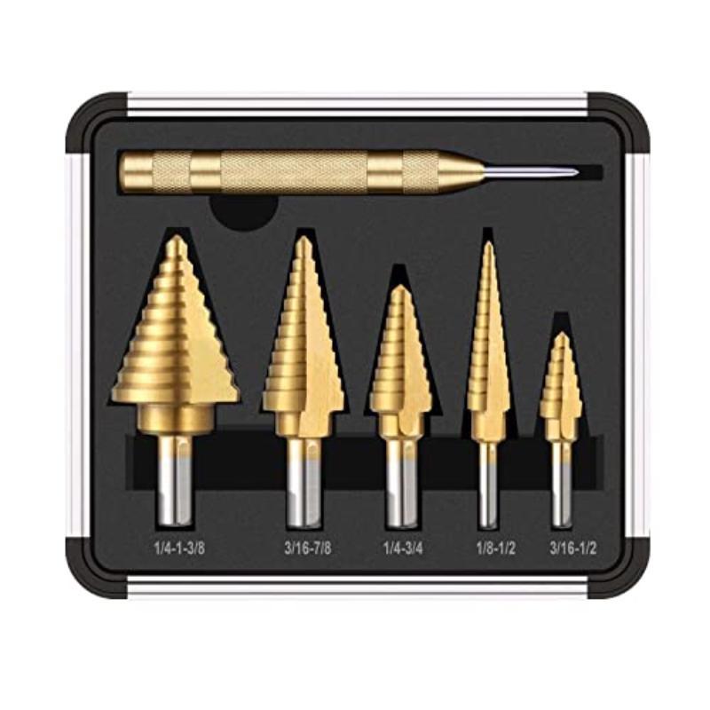 5Pc Titanium Coated High Speed Steel Step Drill Bits with 1Pc Automatic Center Punch for Drilling Sheet Metal Step Drill Bit Set