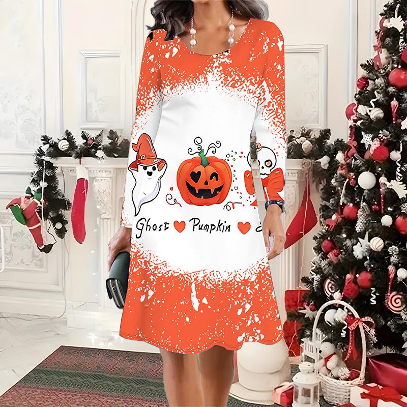 2025 Autumn & Winter Women's New Casual Crew Neck Dress 3D Halloween Pattern Ideal Halloween Christmas Gift