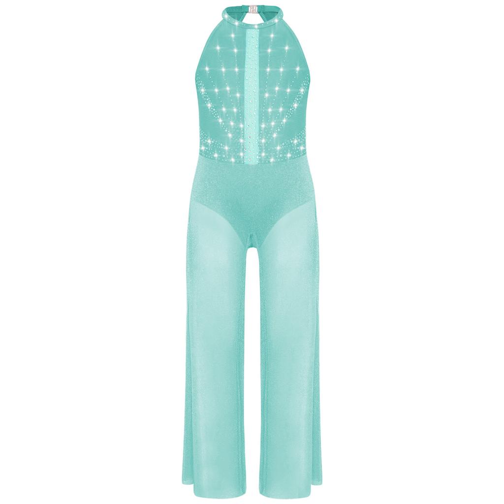 Mädchen Strass Glitzernder Body Ärmellos Schlüsselloch Rücken Tanz Jumpsuit