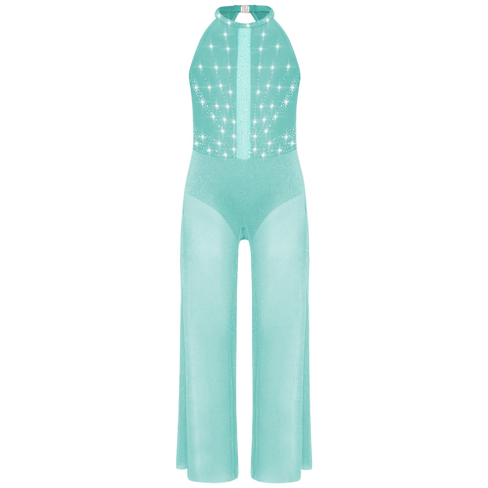 

Дівчачий комбінезон для танців з широкими штанинами, без рукавів, з вирізом-краплею на спині, з бічними розрізами, блискучими стразами, боді з вшитими трусиками 9-10 Years світло-зелений колір