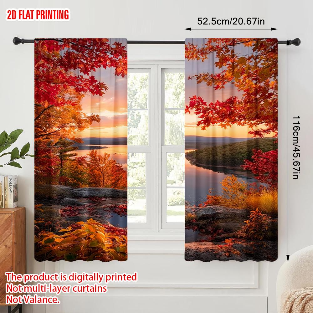 2pcs  2D Plane Printing Curtains Digital Printed Autumn Sunset & Maple Leaf Durable 100% Polyester Fabric (without Rod) Versatile