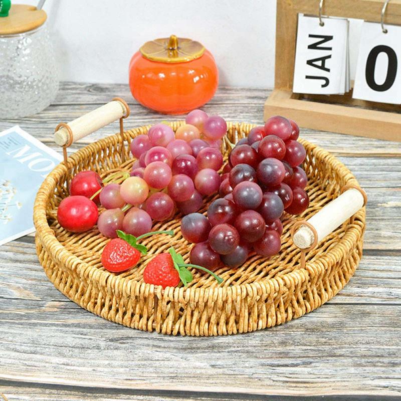 Hand Woven Rattan Tray Square/Round Storage Basket for Kitchen Home Office Bread Food Plate Fruit Cake Sundries Storage