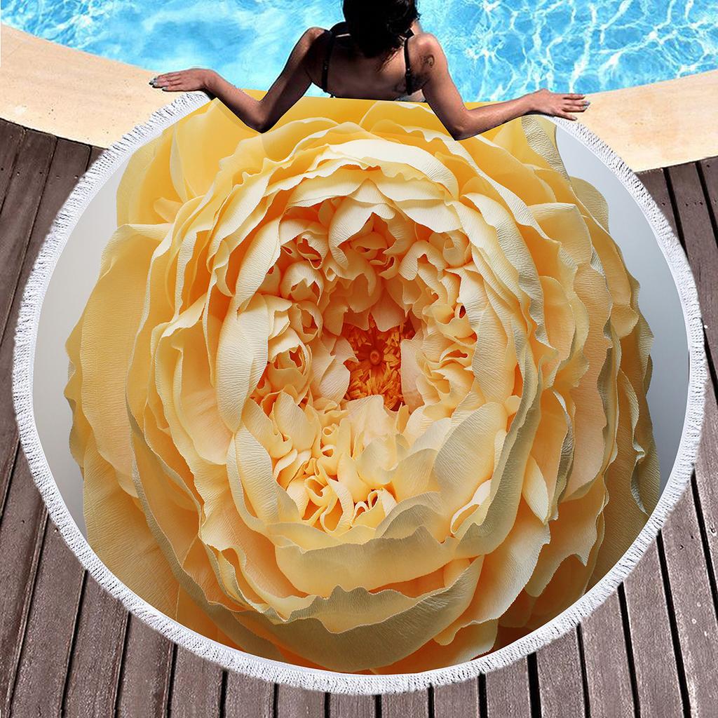 Botanical Peony Floral Round Beach Towel,Microfiber Sand Resistant Beach Blanket,Soft Absorbent Quick Dry Pool Towel Picnic Mat