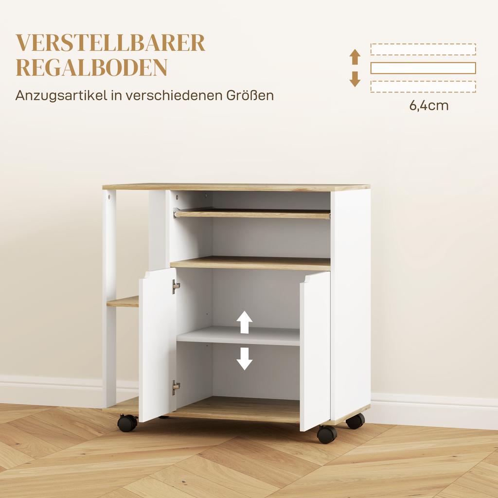 Rolling Kitchen Cart with Storage, Cabinet, Adjustable Shelves, for Kitchen, Living Room, Dining Room, White