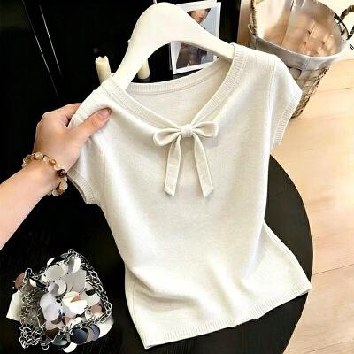 Summer new bow v-neck French knitted short-sleeved t-shirt femininity thin meat cover top A