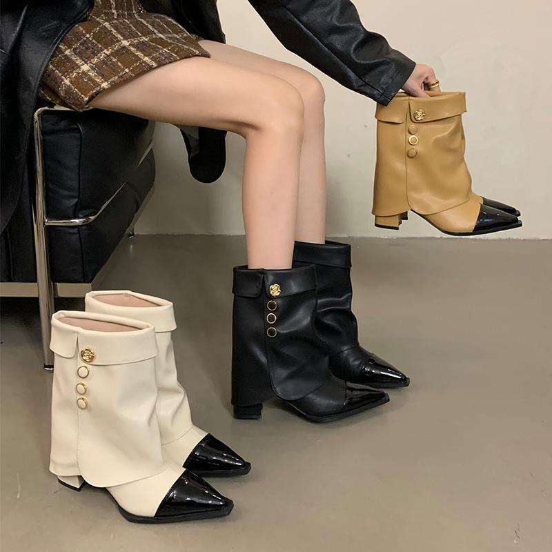 Mi Ting 2025 Autumn Fashion Versatile Coarse Heel Knight Boots Elegant Xiaoxiangfeng Color Matching Short Boots Sleeve Pants Pants Boots Women