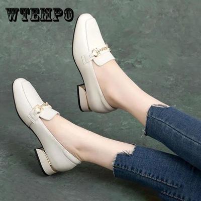 Soft Leather Single Shoes Women's Low-heel Carafe Square-toed Leather Shoes Thick Heel British Style Slip-on Work Women's Shoes
