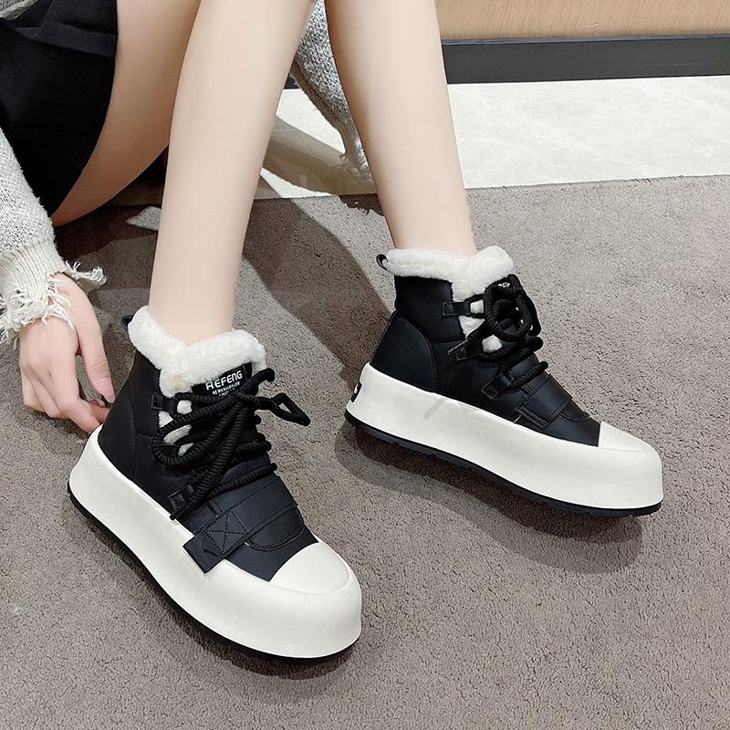 fashion White Fur Lace-up Thick-soled Height-increasing Sneakers for Women Winter New Style Plus Velvet Warm Snow Boots