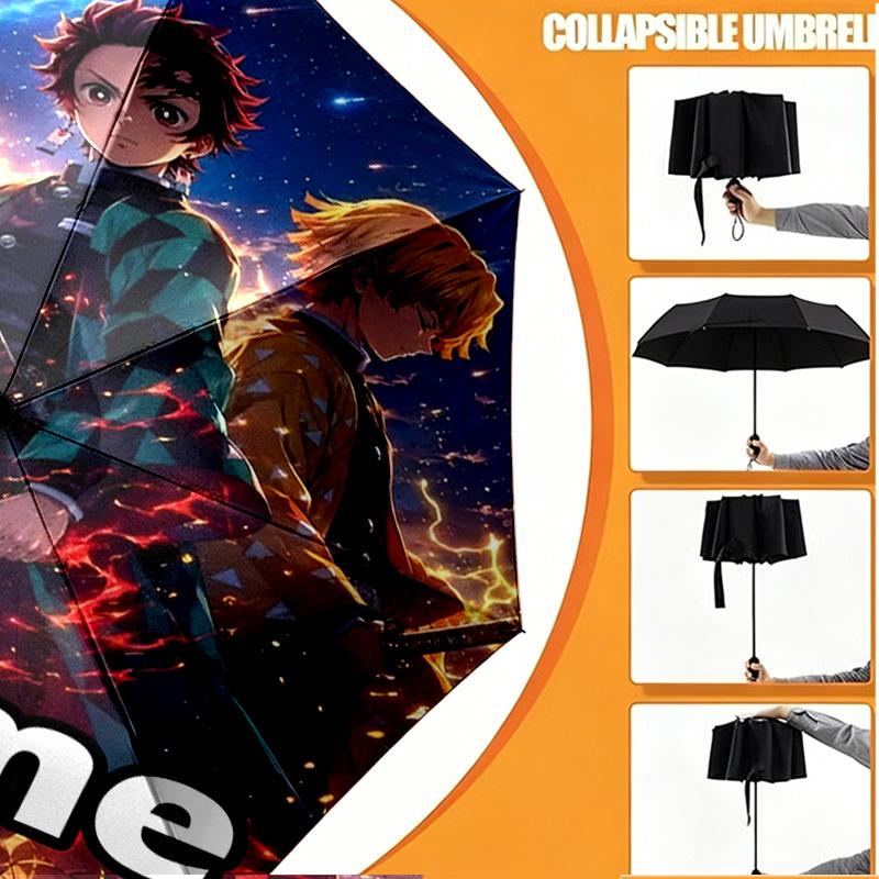 Custom Name Personalized Demon Slayer Print Umbrella, Auto Open Close, 8‑Rib Sturdy Frame, Commute Camping Hiking Use, Birthday Gift