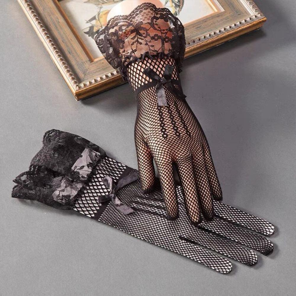 Xian Yi Lady Elastic Five-finger Fishing Net Hollow Bride Dance Bow Lace Gloves Perspective Mysterious Taste P8