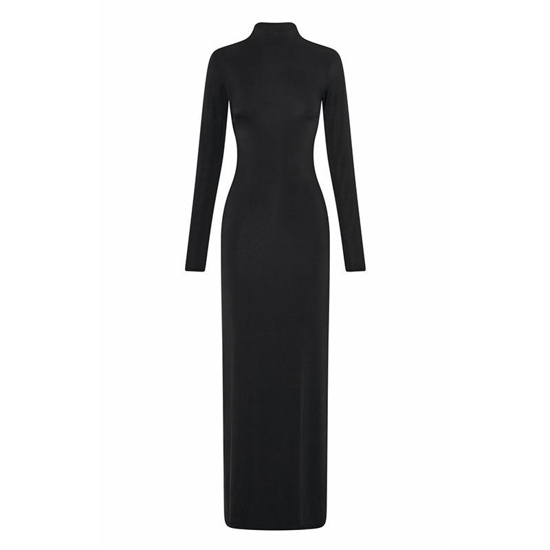 Elegant Slim Fit Long Sleeve Sexy Backless Dress Women Summer Slit Casual High Waist Black Long Dresses Women Fashion Stand Collar Party Dress 26443