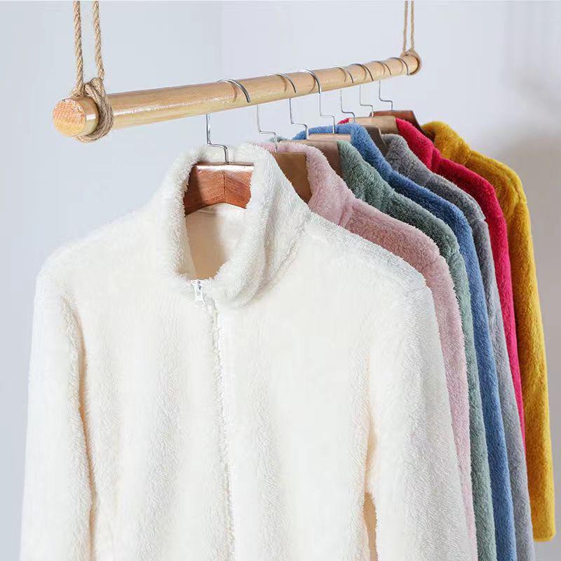 Women's Winter 2026 Long Sleeve Stand Collar Coral Fleece Cardigan Jacket - Lazy Style Lambswool Coat