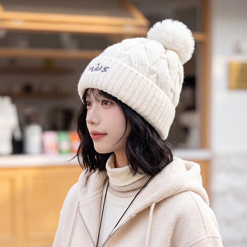 Letter embroidered knitted hat autumn and winter atmosphere hat women's warm windproof cold hat age-reducing wool hat