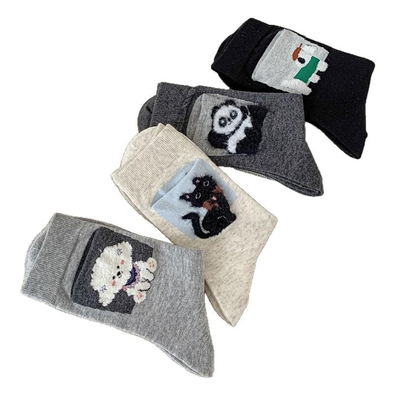 Cartoon Pocket Socks for Girls, Cute Little Cats and Dogs, Trendy Mid-calf Socks, Personalized Animal Flocked Pile Socks