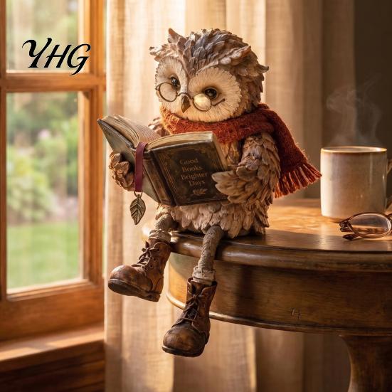 Farmhouse Style Animal Ornaments Reading Owl Figurine, Creative Statue with Glasses Scarf Boots And Open Book, for Home Decor Sculpture
