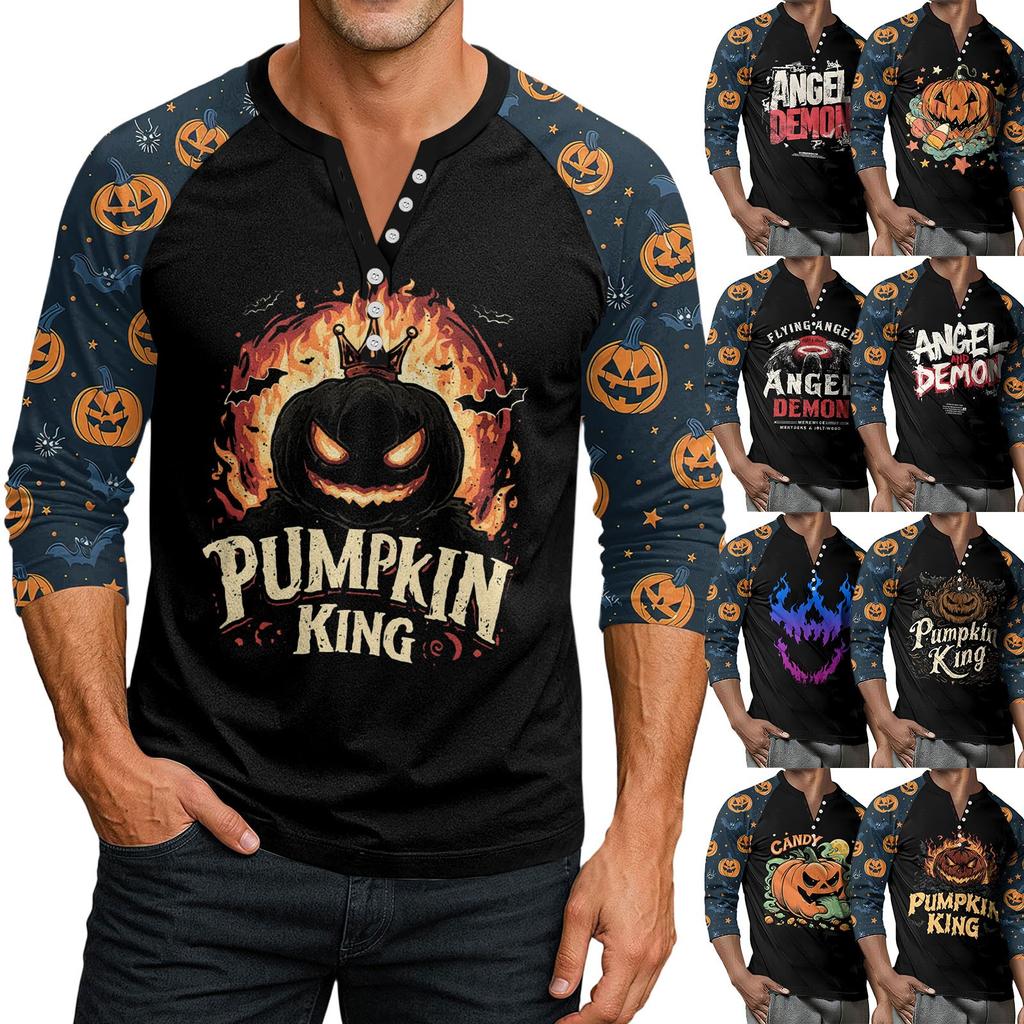 Men's Button-Down Contrast Raglan 3/4 Sleeve Top