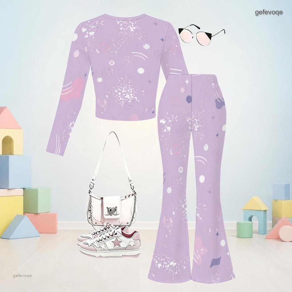 Girls Black Blue Printed Round Neck Long Sleeve Top Flared Pants Two Piece Set