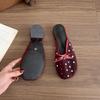 Fashion Thick Heeled Bow Rhinestone Design Mesh Breathable Half Slippers Women's Outdoor 2025 Summer Korean Version Lightweight Sandals