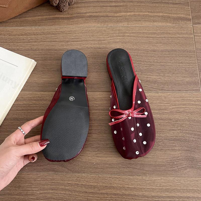 Fashion Thick Heeled Bow Rhinestone Design Mesh Breathable Half Slippers Women's Outdoor 2025 Summer Korean Version Lightweight Sandals