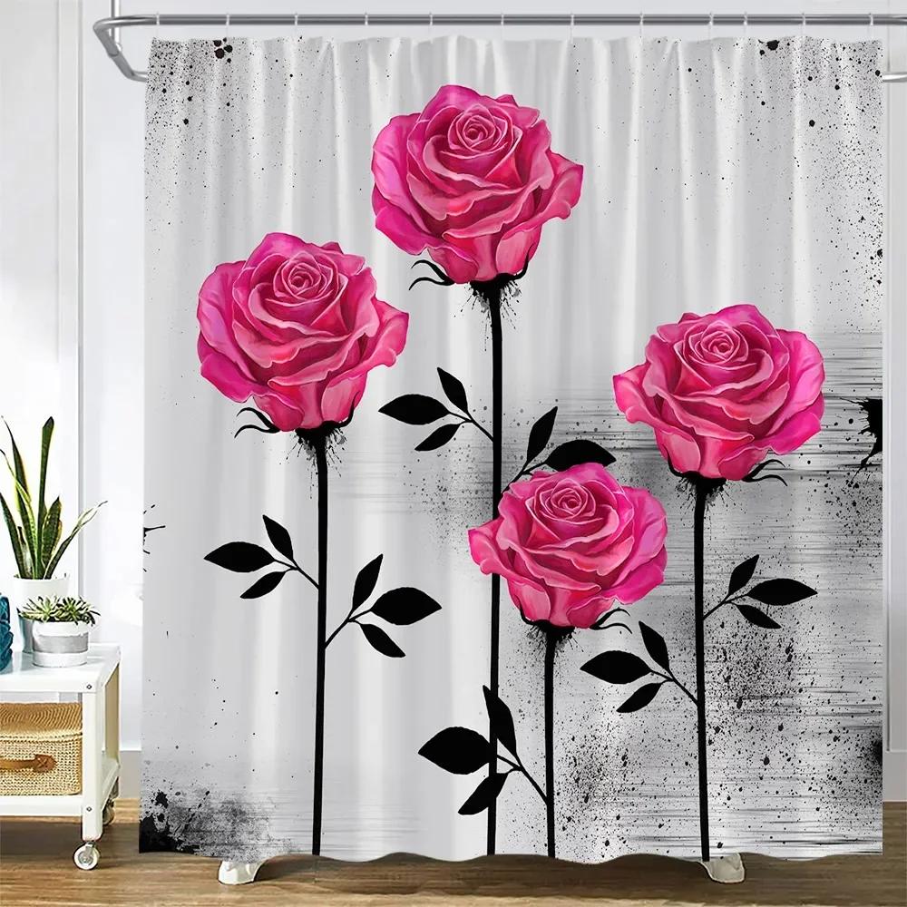 

Yellow Rose Flowers Shower Curtains Black Plants Leaves Painting Art Floral Modern Fashion Woman Bathroom Decor Bath Curtain Set 90x180cm-35x70in