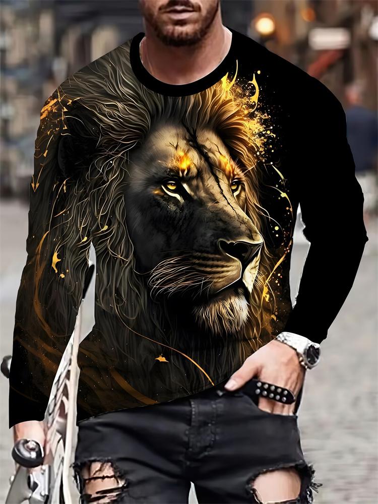 Men Black & White Lion Print Long Sleeve T‑Shirt Spring & Autumn Daily Casual Streetwear Top