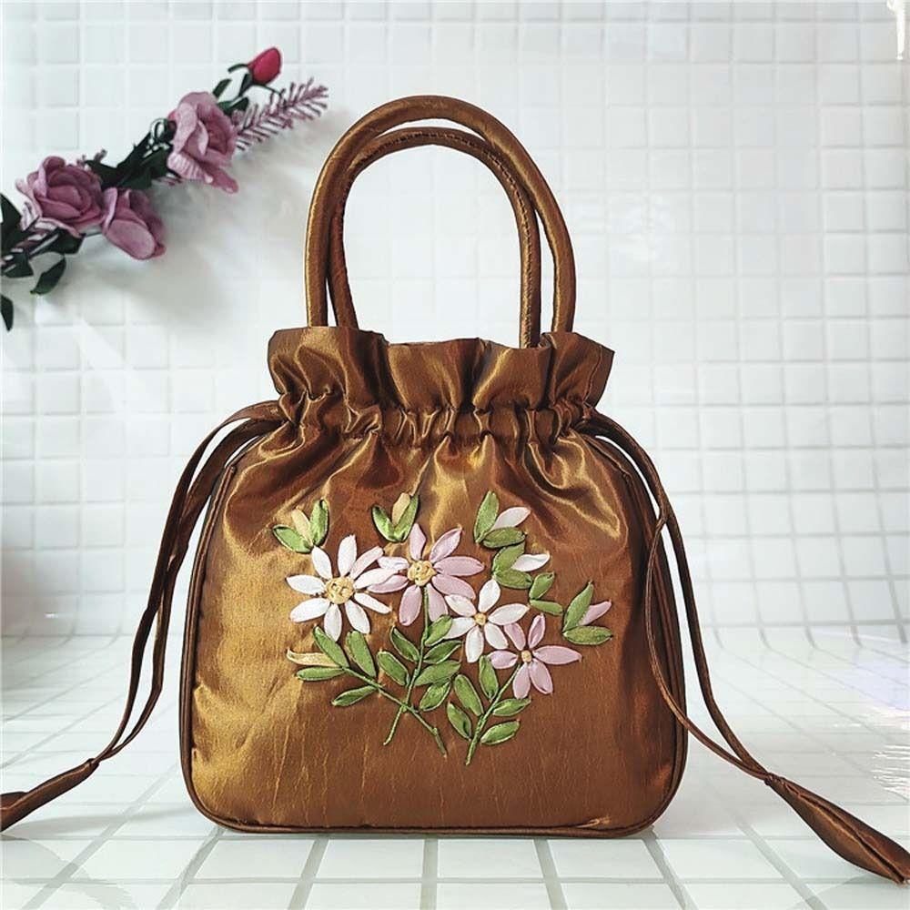 Leaf Embroidery Flower Handbag Satin Silk Small Purse Wallet Sweet Hanfu Drawstrings Bag  Shopping