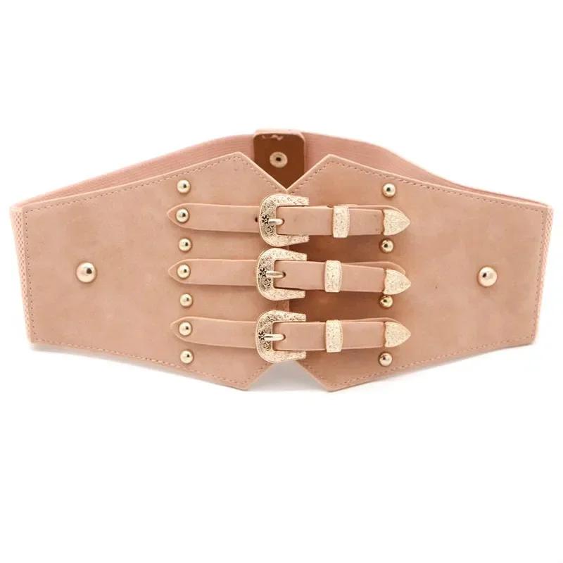Fashion Women Wide Belt New Metal Buckle Elastic Waistband Leather Rivet Ultra Wide Belt for Women Stretch Thick Waist Dress