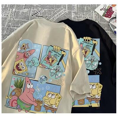 SpongeBob SquarePants Short-sleeved T-shirt Men's Summer White Top Student Round Neck T-shirt Five-quarter Sleeve