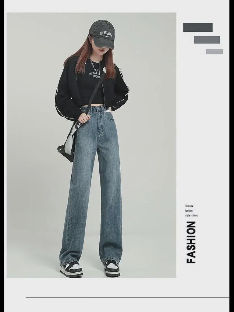 Black High-Waist Leather Straight-Leg Denim Pants - Women's Loosely Fitted Autumn Design