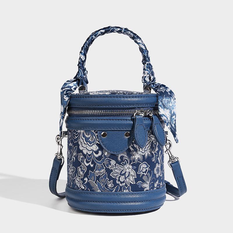 

Высококачественная легкая роскошная вышитая сумка-сплайсинг, портативная, в стиле цилиндра, универсальная, модная, на одно плечо, косая сумка-спин синий
