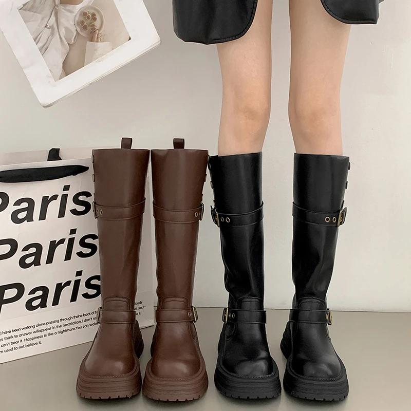 Vintage Damen Ritter Kniehohe Stiefel Elegante Gürtelschnalle Schuhe Prägnanter Plateauabsatz Lange Damenstiefel